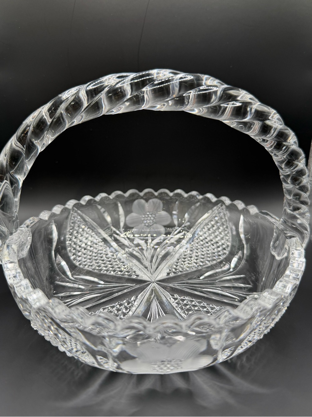 American Brilliant Cut Clear Glass Crystal Basket w/ Twisted Handle Floral